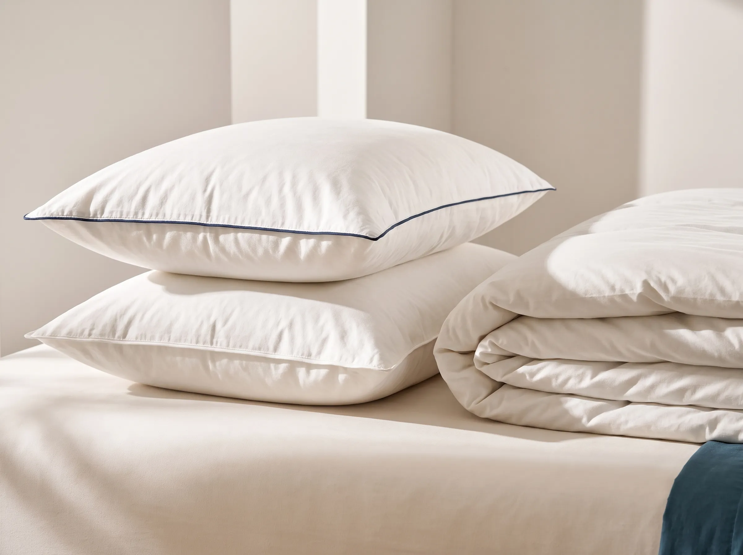 Dos almohadas blancas apiladas junto a un duvet doblado sobre una cama vestida de blanco