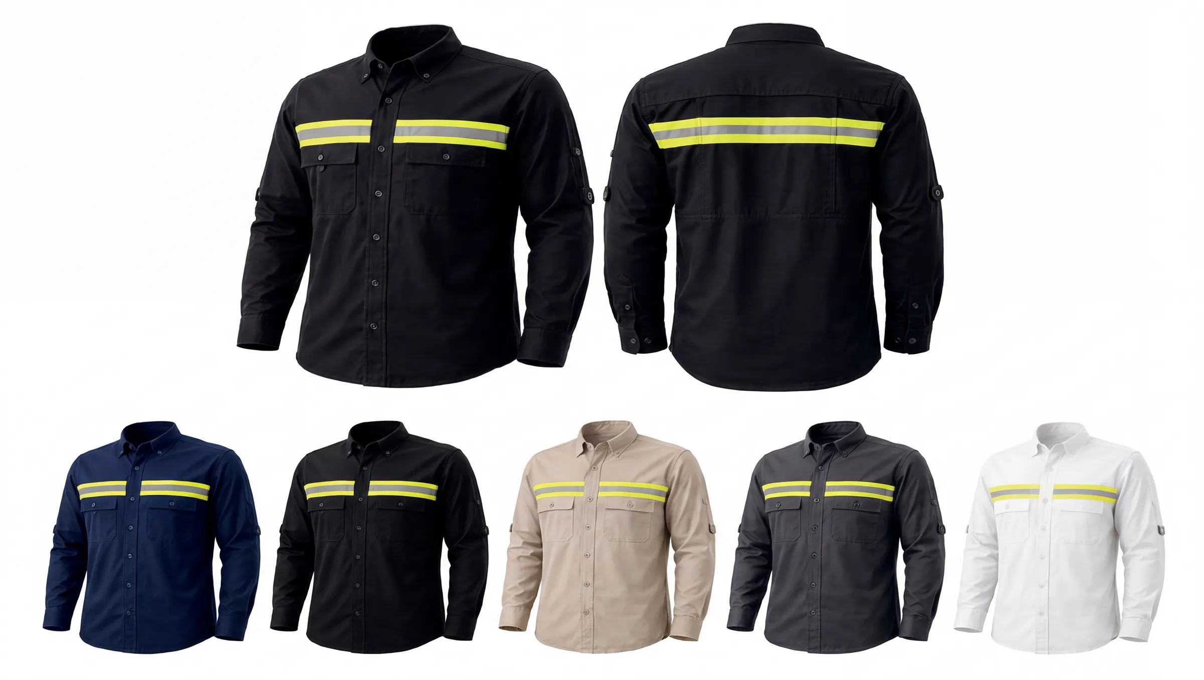 Camisas industriales con cinta reflectiva amarilla, en negro, azul marino, arena, gris y blanco