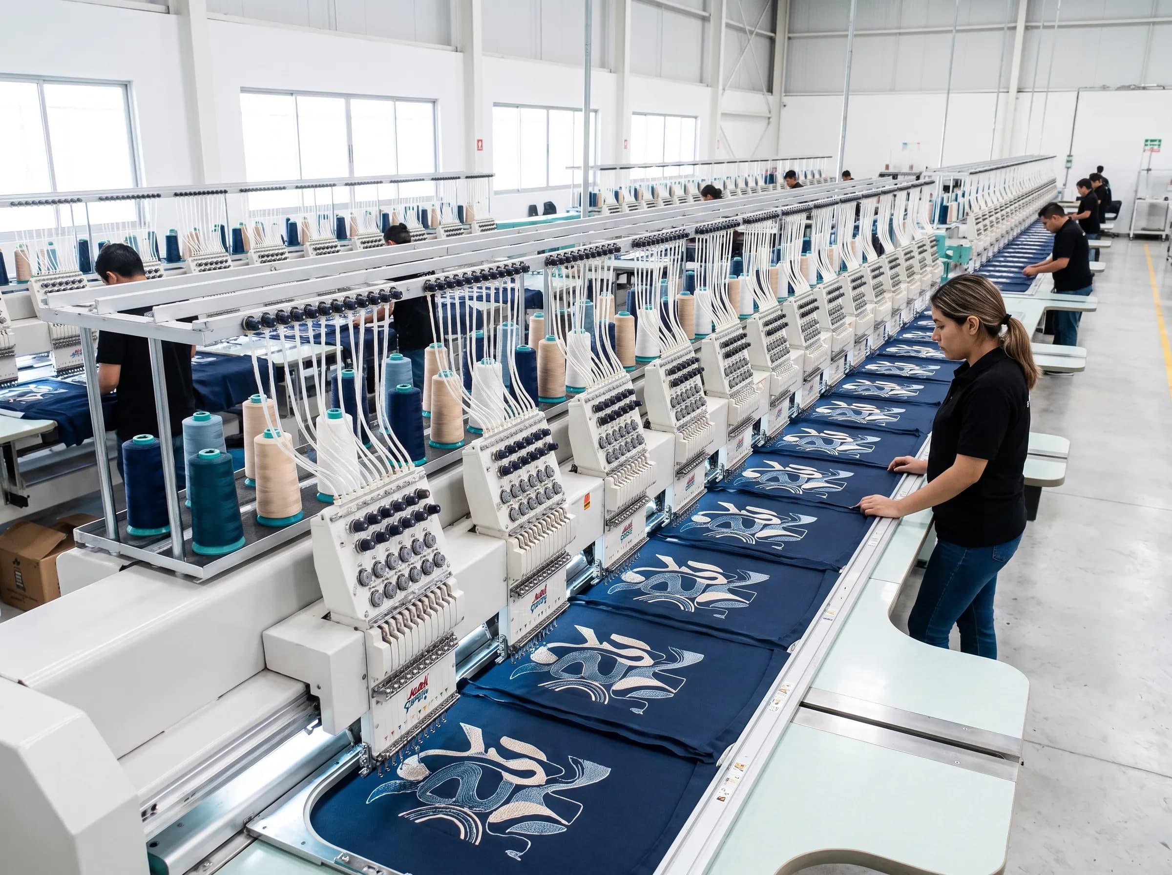 Operarias trabajando en máquinas bordadoras industriales de cabezales múltiples