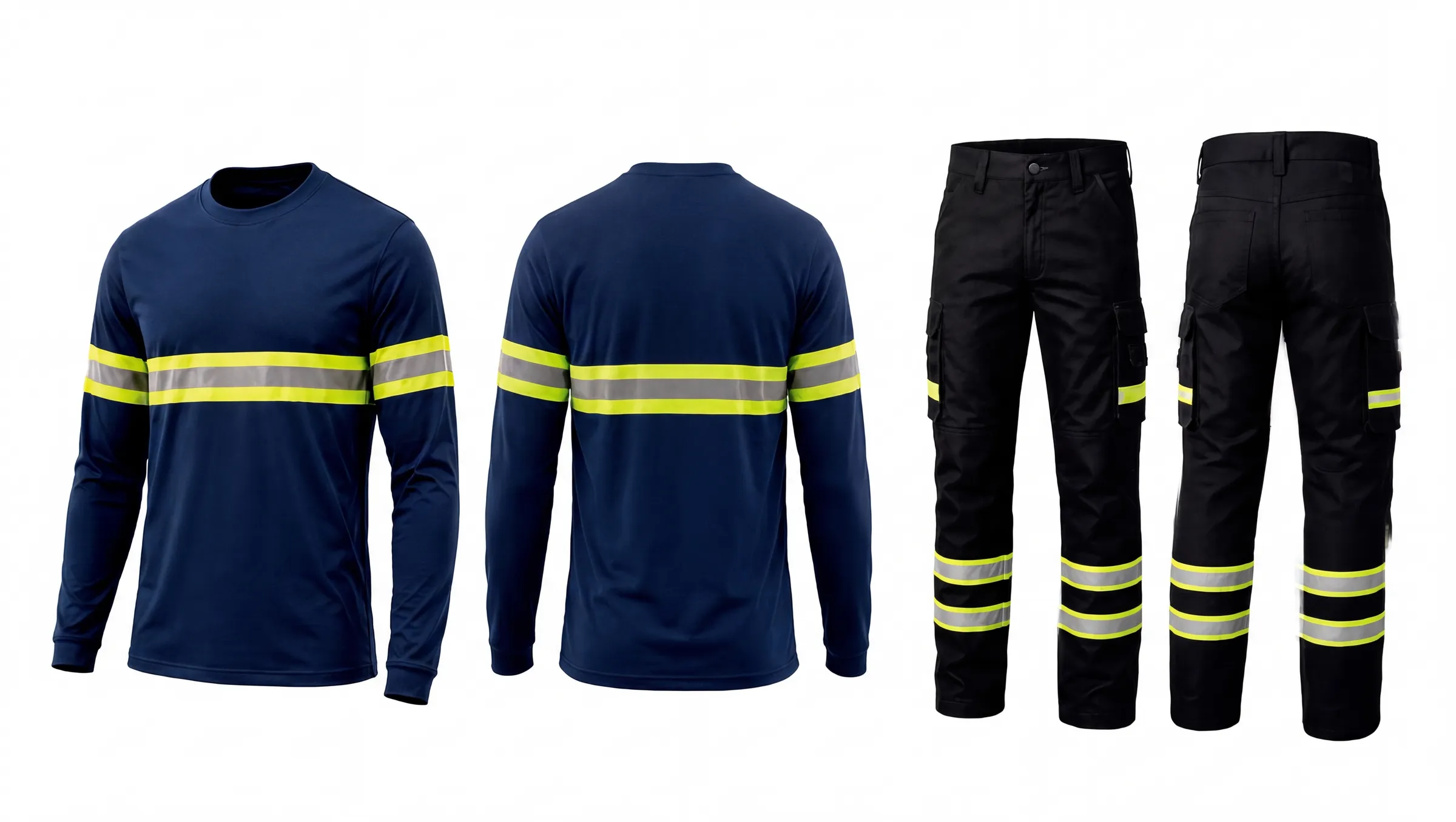 Playera manga larga azul marino y pantalón cargo negro, ambos con cinta reflectiva