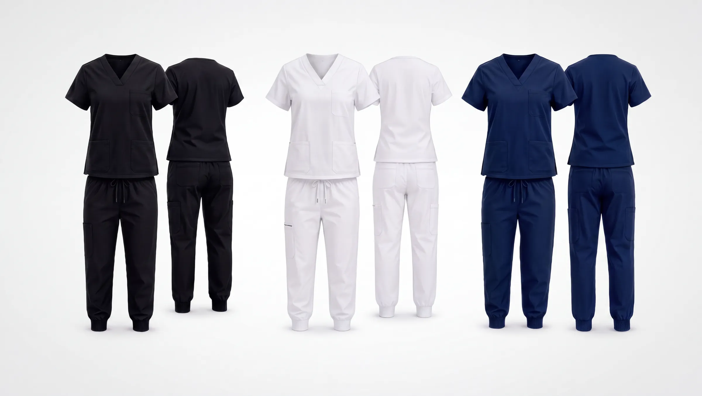 Sets de médico de manga corta con pantalón, en negro, blanco y azul marino